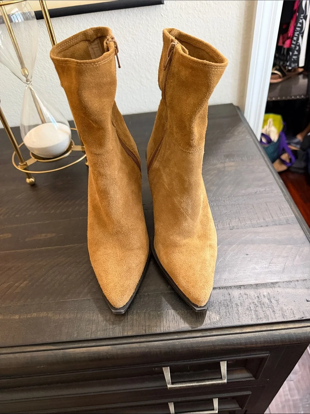 Zara Suede Pointed Ankle Boots in Camel